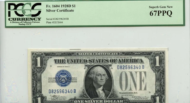 1928D $1 Silver Certificate Blue Seal FR# 1604 PCGS Superb 67 PPQ