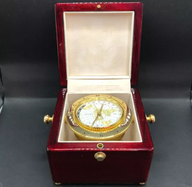 Chass World Time Desk Clock Quartz Burgundy Wood Case Working RMF52-SJT