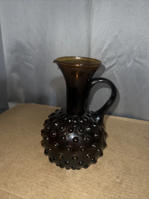 Vtg Empoli Dark Amber Pitcher Seed Pod Spikey Hobnail Italian Art Glass Brown 8”
