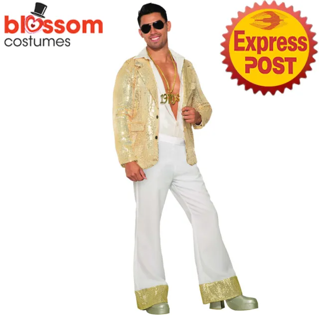 N741 Mens Gold 70s Disco Costume 1960s Fancy Dress Up Retro 1970s Hippie Outfit