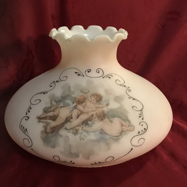 Soft Pink Glass Tam Lamp Shade Handpainted Cherubs Ruffled 9.75” Fitter
