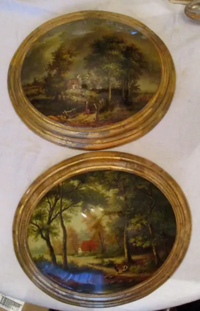 Pair Italian Hand Painted  Pastoral Scene Oval Giltwood Framed Plaques Signed