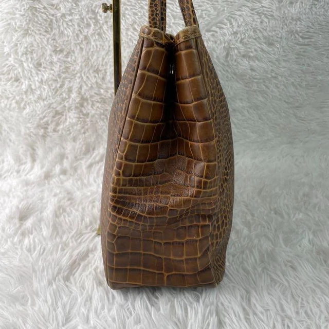 Longchamp ROSEAU Leather Handbag Tote Bag Croc Embossed Brown 3