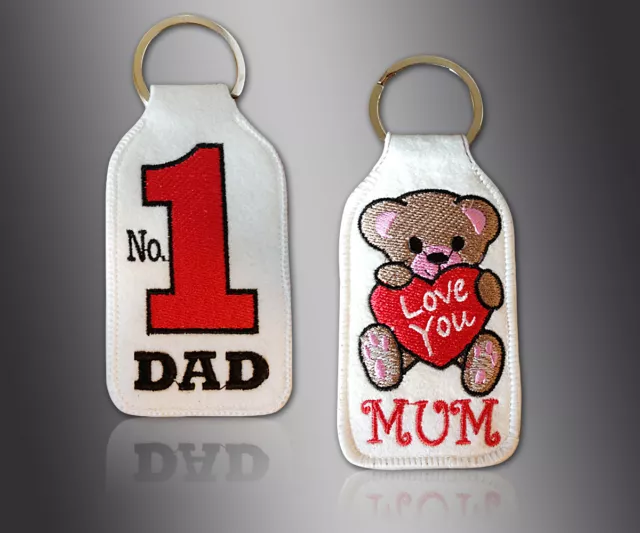 Brand New Embroidery Key Ring No 1 Dad - Love You Mum With Heart & Teddy Keyring