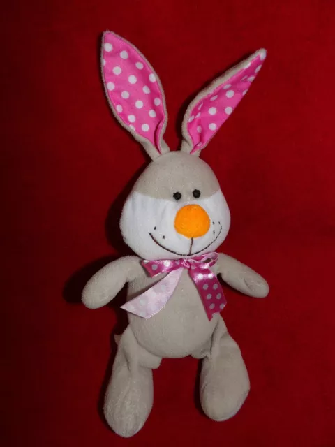 Peluche doudou lapin FIZZY Gris Blanc Oreilles Noeud Rose A Pois Blanc
