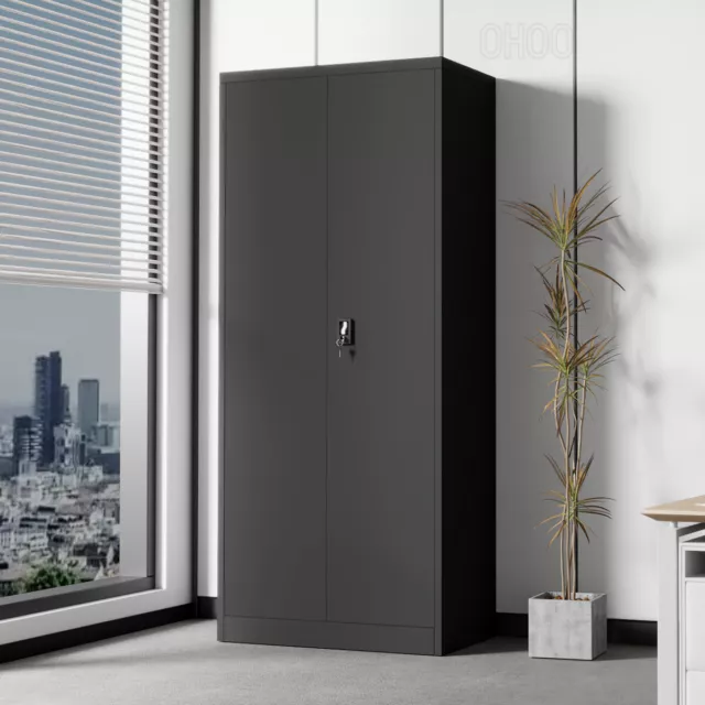 Black Filing File Cabinet Metal Locker Storage 4 Shelves Steel Cupboard 210cm