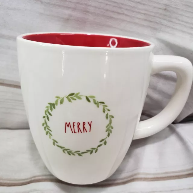 Rae Dunn Merry Wreath Christmas Coffee Mug White Red Artisan Collection Magenta