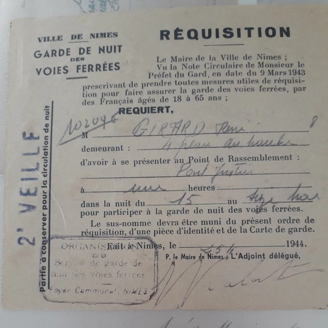 Vieux Papiers Sncf Ww2 réquisition garde de nuit voies ferrées SNCF