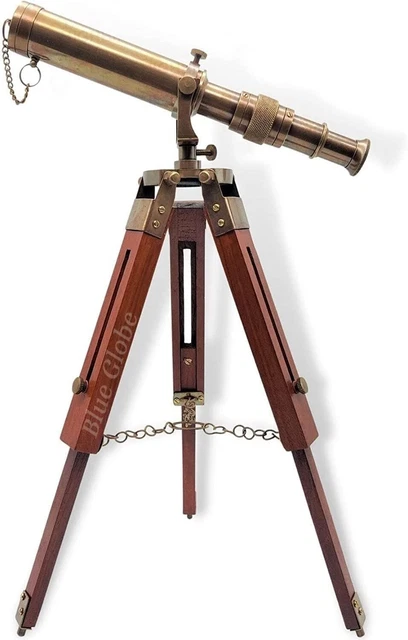 ANCIEN TÉLESCOPE NAUTIQUE en laiton avec pied trépied marin en bois