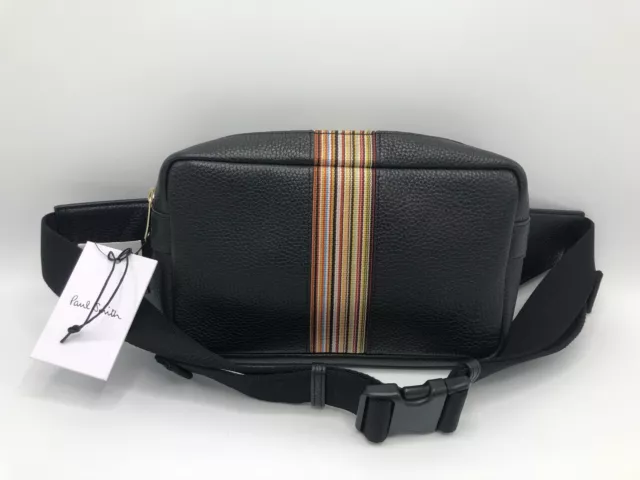 Paul Smith Black Leather Artist Stripes Zip Pouch Bag with Strap New Tags  $495