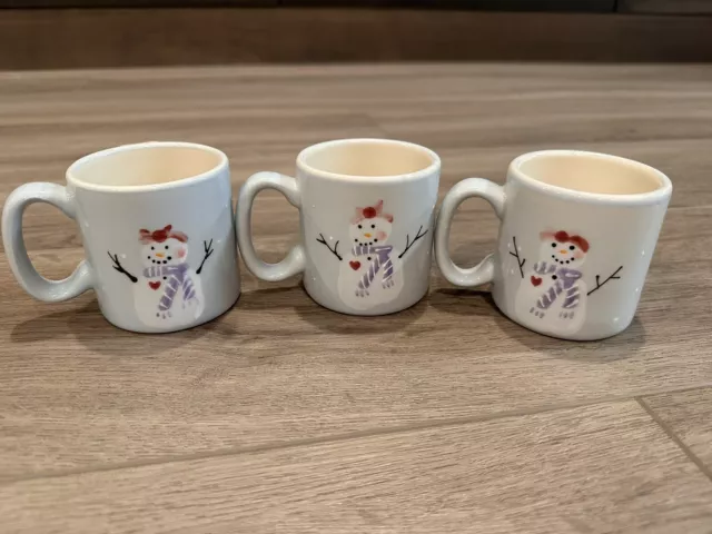 3 Hartstone Pottery Mugs Snowman Cups USA Cocoa Coffee Light Blue Winter Holiday