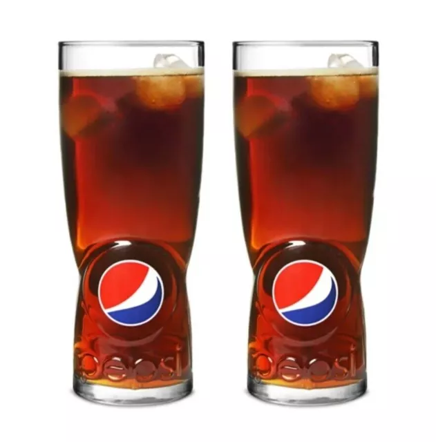 2x Pepsi Cola Colour Embossed Logo Glass 16oz 460ml Highball Tumbler Brand New