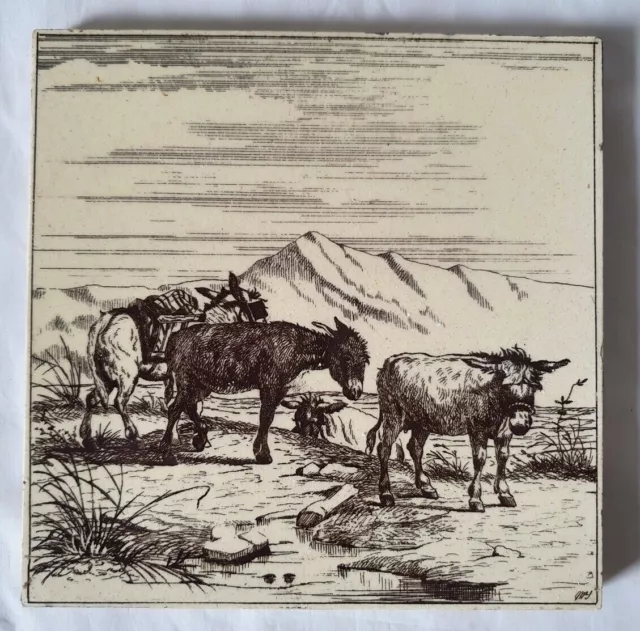 William Wise Minton Pastoral Design 6 Inch Tile, Circa 19Th Century (G) Donkeys