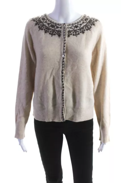 Anne Klein Womens Cashmere Knit Crystal Fair Isle Cardigan Sweater Beige Size L