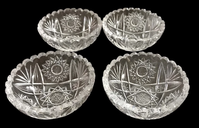 VTG Crystal Cut Glass Set /4 Nappies~Dish~Bowl~Saw Tooth Edge~Deep Cut~Brilliant