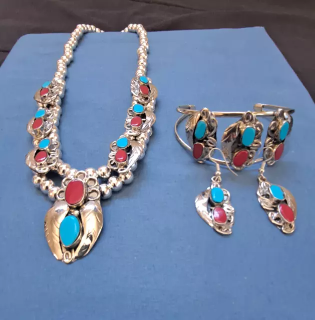 SMALL Turquoise/RedCoral Silver Squash Blossom Necklace /w Bracelet and Earrings