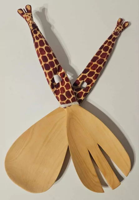 Hand Carved Wood Giraffe Salad Servers Spoon & Fork 11” Long African/Kenyan