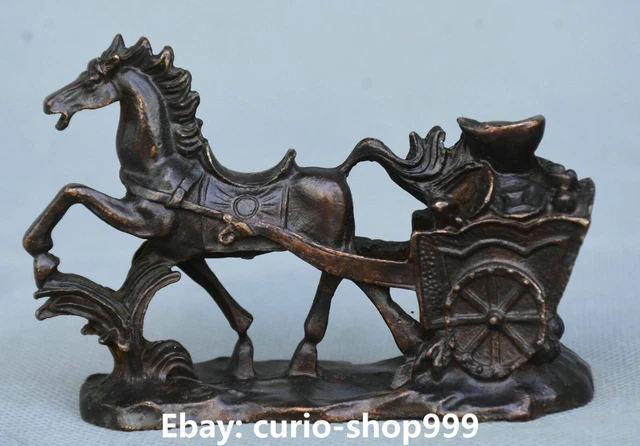 9cm Old China Bronze Fengshui Zodiac Horse Pull Wealth Money Cart Animal Statue