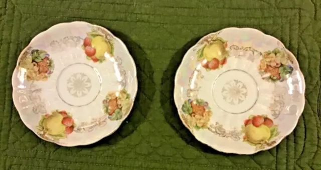 2-Vintage Royal Halsey Very Fine LM Porcelain SAUCER tea cup plate fruit gold