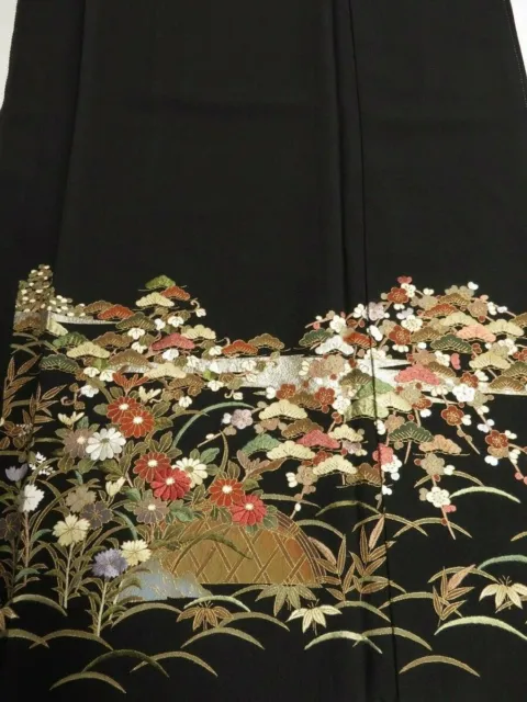3E04z110 Japanese Kimono Silk  FABRIC Black Garden 47.2"
