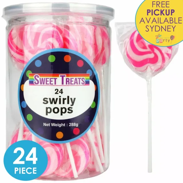 24x STRAWBERRY PINK SWIRL LOLLIPOPS CANDY BUFFET LOLLIES PARTY BAG FAVOURS