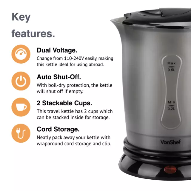 Travel Kettle Small 0.5L – VonShef Mini Kettle w/ 2 Cups, Dual Voltage – 650W 2