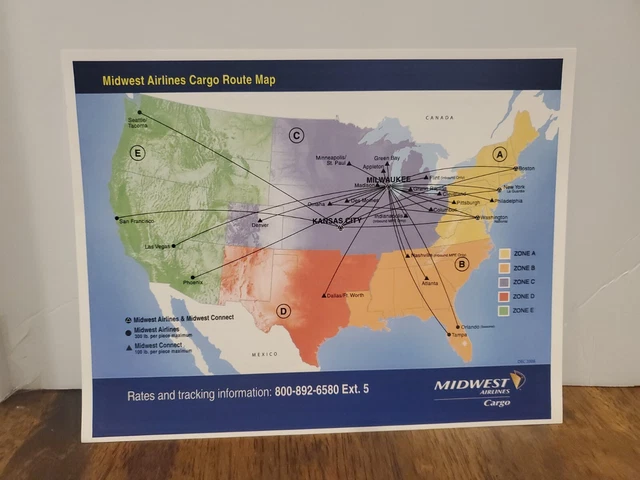 MIDWEST AIRLINES CARGO Route Map Color Cardstock Print 8.5 X 11 in New ...