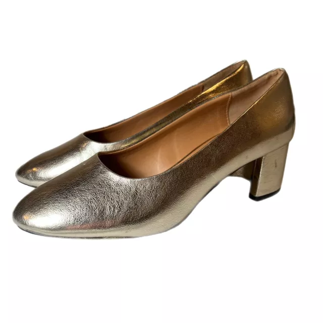 Zara Metallic Gold Pumps Block Heels Round Toe Faux Leather Women 7.5 EUR 38