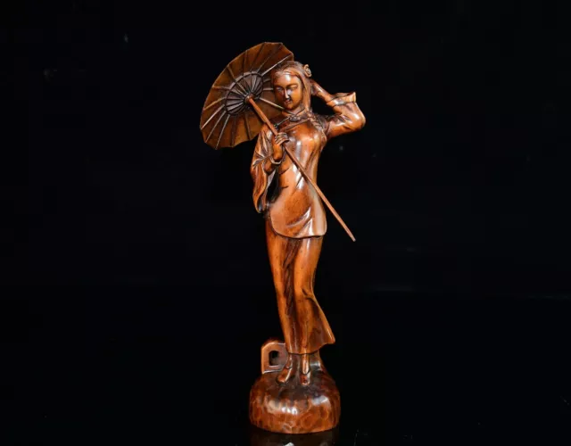 Chinese Antique Boxwood Carved Beautiful Woman Statue Sculpture Home Decor Art