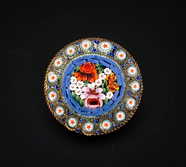 Ancien Début 20th Siècle Exquisite Italien Micro Mosaïque Rond Floral Broche 2