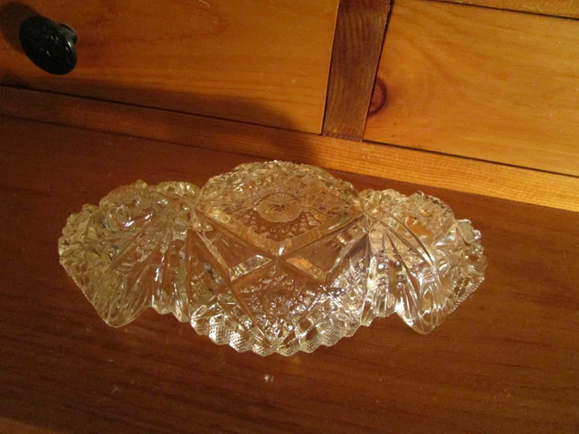 Saw tooth edge clear cut glass oval relish dish 8" long 4" wide