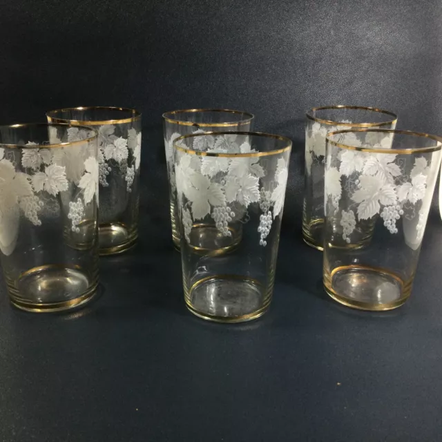 5X Etched Grapes Glasses Gold Trim Bartlett Collins MCM