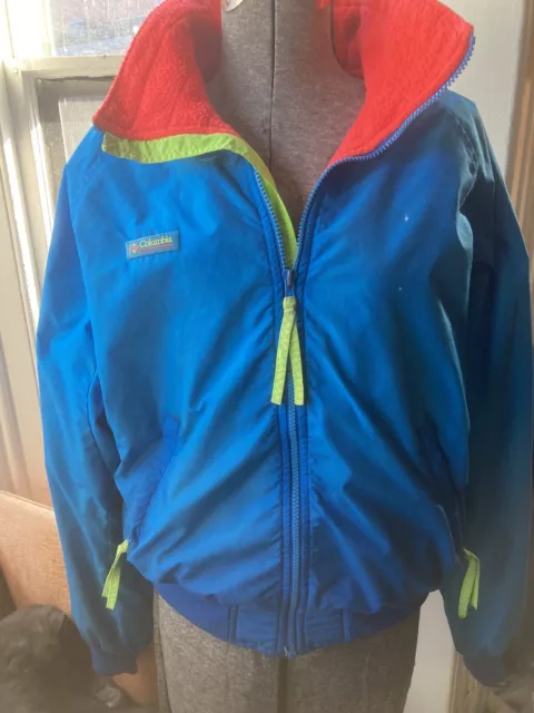 Columbia Jacket S M Vintage 80s 90s Fleece Lined Ski Full Zip Neon Color Block