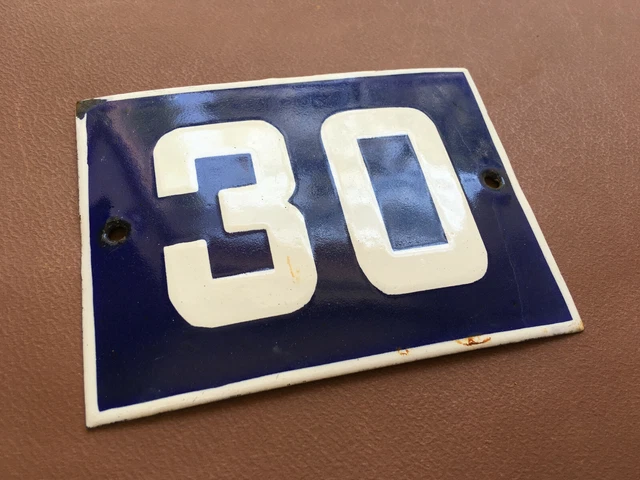 ANTIQUE VINTAGE FRENCH ENAMEL SIGN HOUSE NUMBER 30 DOOR GATE SIGN BLUE 1950's