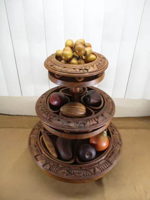 Vtg 3 Tier Carved Wood Tiki Hawaiian Lazy Susan Serving Tray Bowls 12 Wood Fruit