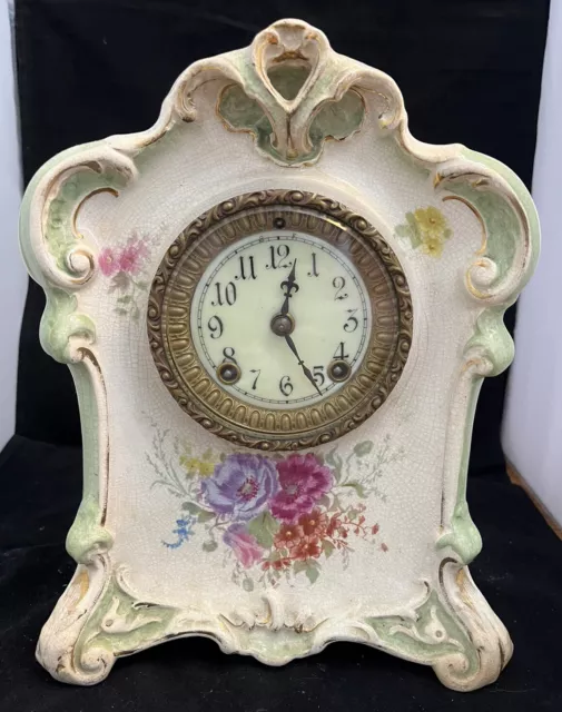 Antique ANSONIA Royal Bonn Victorian Porcelain Mantel Clock. 10”.