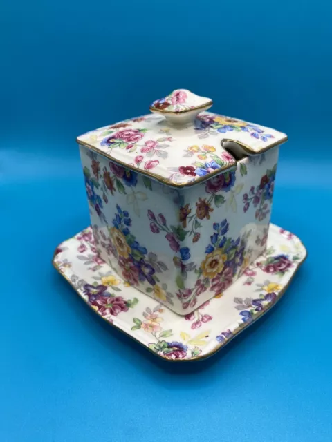 Vintage 30s Royal Winton Marguerite Chintz Lidded Jam/Marmalade Pot & Under Tray