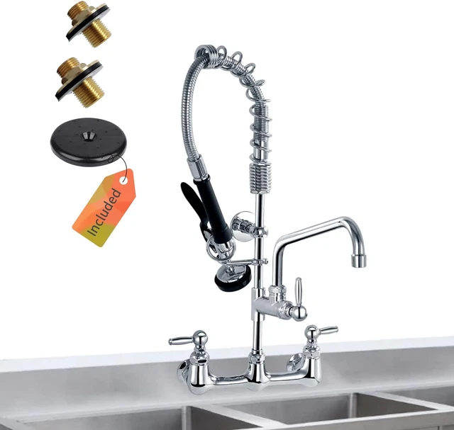 Commercial Sink Kitchen Faucet with Sprayer | Wall Mount 8 Inch Center with Pre-