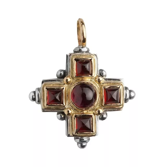 Gerochristo Byzantine Cross Pendant Solid Gold 18K & Sterling Silver & Garnet