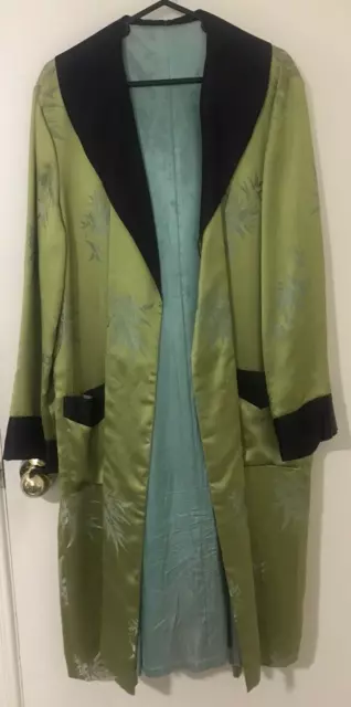 Vintage  1950s Chartreuse with Blk Trim Chinese Brocade Silk Lounging Jacket (M)