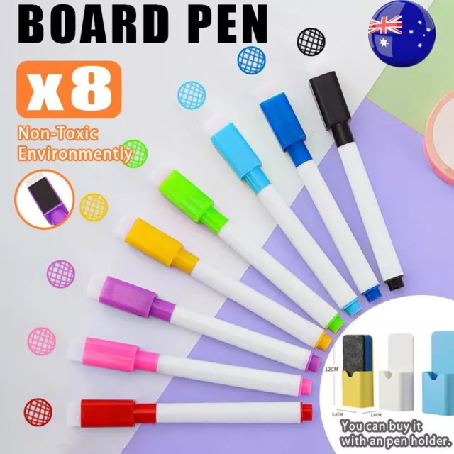 8 Colour Whiteboard Marker Pens With Dry Wipe Erase Magnetic Eraser Lid AU Stock