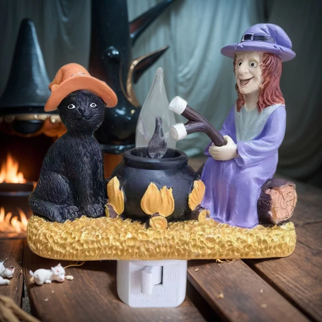 CAT AND WITCH Campfire Flickering Night Light Halloween Room Decor (US