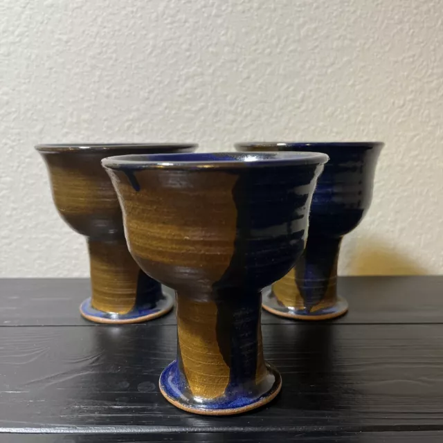 Wine Goblets Handmade Pottery Chalice Rustic Signed TODD Set of 3