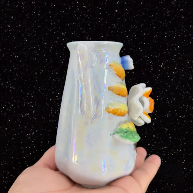 Japanese Ceramic Vase 3D Colorful Flowers Made In Japan Pottery Vase Two Handles 3