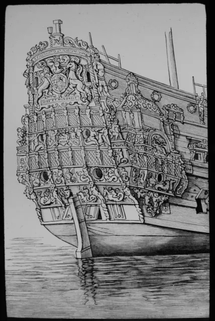 ANTIQUE Magic Lantern Slide STERN OF THE ROYAL CHARTES C1890 VICTORIAN DRAWING