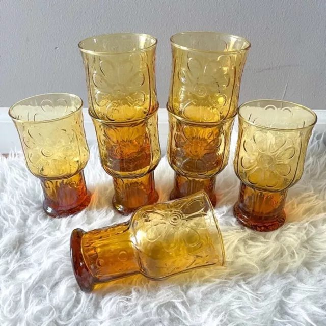 Vintage Libbey Country Garden Pattern 6" Amber Glasses - Set of 7