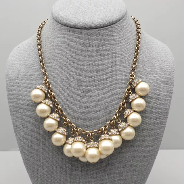 J. Crew Necklace Faux Pearl Rhinestone Beaded Pendant Gold Tone Round Link Chain