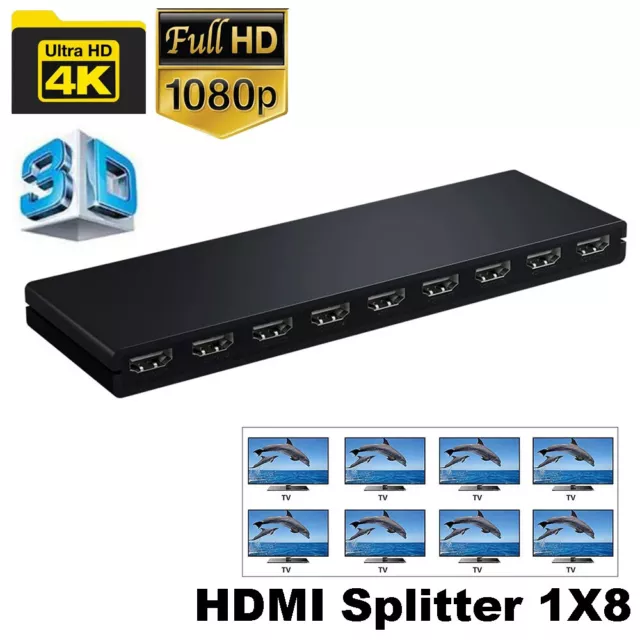 8 Port HDMI Splitter 1X8 Ultra HD 4K 30Hz 1 In 8 Out Split Display Audio Video