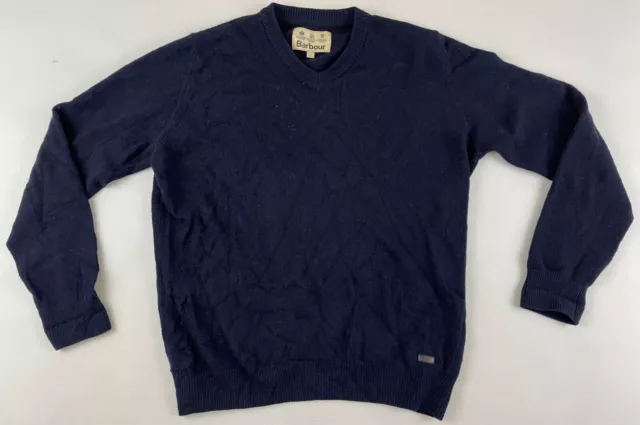 Barbour Nelson Essential V-Neck sweater 100% wool navy blue Jumper mens Large L