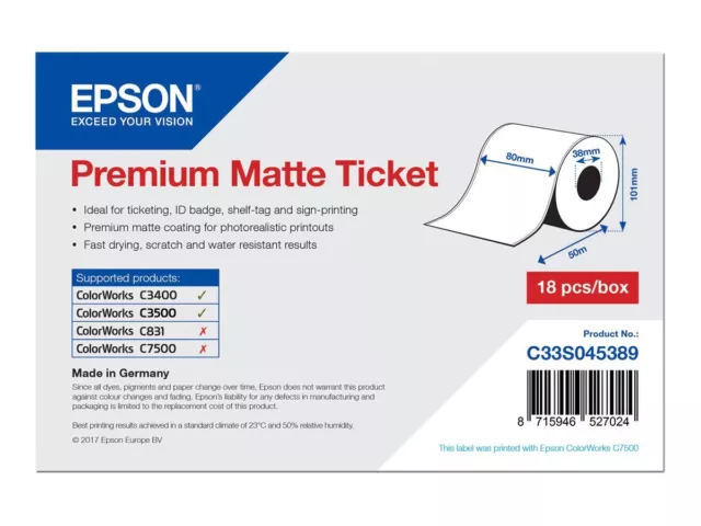 Epson Premium Matte Ticket Roll: 80mm x 50m Opaco 107 g/m² 1 C33S045389